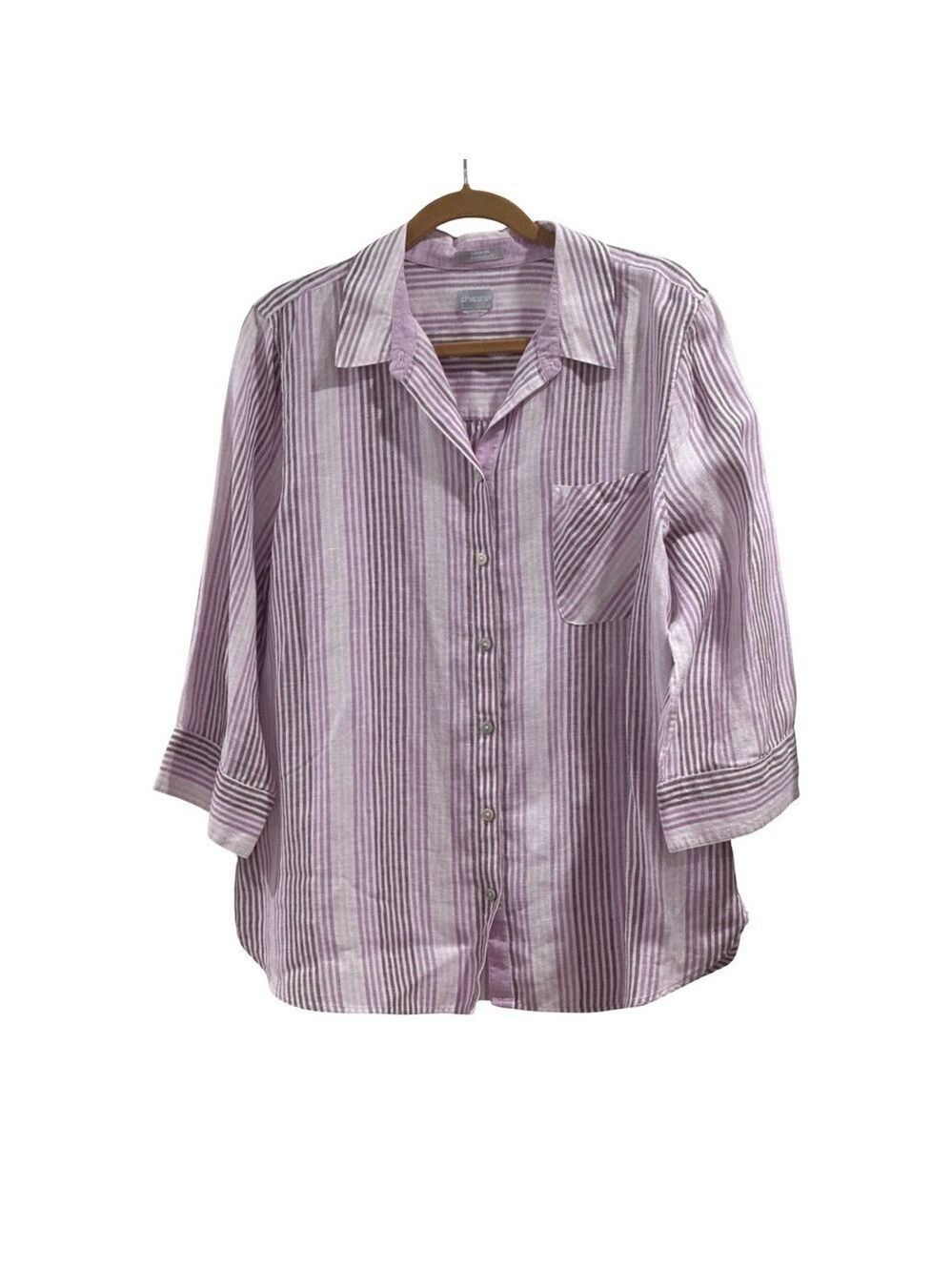 Chico's No Iron linen Freshchic Lavender, Pink and White Stripe shirt